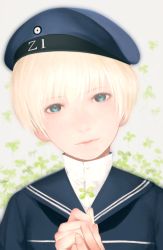 Rule 34 | 10s, 1girl, bad id, bad twitter id, blonde hair, blue eyes, clothes writing, clover, four-leaf clover, hat, holding, kantai collection, kodama (wa-ka-me), lips, looking at viewer, neckerchief, own hands together, realistic, sailor collar, sailor hat, short hair, solo, upper body, z1 leberecht maass (kancolle)