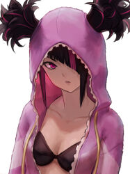 Rule 34 | 1girl, black bra, black hair, blunt bangs, bra, breasts, cleavage, commentary request, hair over one eye, han juri, highres, hood, hooded pajamas, ishiyuki, medium breasts, pajamas, pink hair, pink pajamas, revision, simple background, solo, street fighter, street fighter 6, underwear, upper body, white background