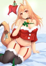Rule 34 | 1girl, absurdres, ahoge, animal ears, bell, belt collar, black collar, black thighhighs, blonde hair, bow, breadthree, breasts, christmas, cleavage, collar, cropped shirt, fox ears, fox girl, fox tail, fur-trimmed shirt, fur-trimmed thighhighs, fur trim, garter straps, green bow, green ribbon, hat, highres, large breasts, leaning to the side, lingerie, long hair, looking at viewer, midriff, mistletoe, navel, neck bell, original, panties, red garter straps, red panties, red shirt, ribbon, santa hat, shirt, sitting, smile, solo, tail, tail ornament, tail ribbon, thighhighs, thighs, underwear, yokozuwari