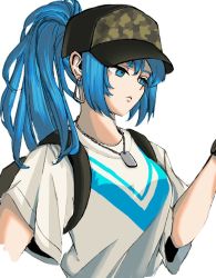 Rule 34 | 1girl, blue eyes, blue hair, camouflage, casual, earrings, hat, ikari hime, jewelry, leona heidern, looking at object, serious, shirt, snk, soldier, solo, t-shirt, the king of fighters, white shirt