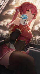 Rule 34 | 1girl, alcohol, bad id, bad pixiv id, bar (place), bar stool, black thighhighs, bottle, breasts, closed mouth, covered navel, cropped vest, crossed legs, cup, drinking glass, duplicate, epaulettes, eso (toory), from below, gloves, hair between eyes, hair ribbon, heterochromia, highres, holding, holding cup, hololive, houshou marine, indoors, liquor, long hair, looking at viewer, off shoulder, pixel-perfect duplicate, pleated skirt, red eyes, red hair, red neckwear, red ribbon, red skirt, ribbon, shelf, sitting, skirt, solo, stool, thighhighs, tongue, tongue out, twintails, vest, virtual youtuber, white gloves, wine glass, yellow eyes, zettai ryouiki