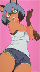 Rule 34 | 1girl, absurdres, akagi (fmttps), animal ears, animal nose, artist name, black hair, body fur, brand new animal, commentary, cowboy shot, dolphin shorts, fang, furry, furry female, green eyes, grey hair, grey shorts, hair between eyes, head tilt, highres, kagemori michiru, looking at viewer, multicolored hair, open mouth, purple background, raccoon ears, raccoon girl, shirt, short shorts, shorts, solo, standing, stretching, tank top, twitter username, two-tone hair, white shirt
