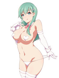 Rule 34 | 10s, 1girl, :q, aqua eyes, aqua hair, blush, breasts, covered erect nipples, detached collar, elbow gloves, epee (lotion), finger to face, gloves, groin, hair ornament, hairclip, heart pasties, highres, huge breasts, kantai collection, long hair, navel, panties, panty pull, pasties, simple background, smile, solo, stomach, suzuya (kancolle), thighhighs, tongue, tongue out, topless, underwear, white background, white gloves, white panties, white thighhighs, wrist cuffs