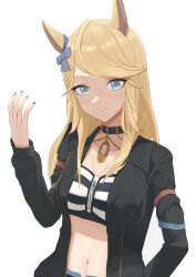 Rule 34 | 1girl, animal ears, arm up, asobi nin, bandeau, black choker, black jacket, blue bow, blue eyes, bow, breasts, choker, cleavage, closed mouth, commentary request, ear bow, gold city (umamusume), hand on own hip, highres, horse ears, horse girl, jacket, jewelry, long hair, looking at viewer, medium breasts, midriff, multicolored nails, navel, necklace, open clothes, open jacket, sidelocks, simple background, smile, solo, striped bandeau, umamusume, upper body, white background