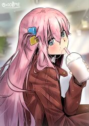 Rule 34 | 1girl, absurdres, blue eyes, blush, bocchi the rock!, brown coat, coat, commentary, cube hair ornament, cup, drinking straw, drinking straw in mouth, english commentary, food, food on face, gotoh hitori, hair in own mouth, hair ornament, highres, holding, holding cup, kod0me, long hair, mixed-language commentary, one side up, pink hair, sidelocks, solo