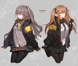 Rule 34 | 2girls, 404 logo (girls&#039; frontline), absurdres, armband, bad id, bad pixiv id, black gloves, black neckwear, black pantyhose, blush, brown eyes, brown hair, clenched hands, cropped legs, crossed bangs, fingerless gloves, girls&#039; frontline, gloves, hair between eyes, hair ornament, hairclip, highres, hood, hooded jacket, jacket, long hair, looking at viewer, midriff peek, multiple girls, neck ribbon, one side up, open clothes, open jacket, pantyhose, pleated skirt, ribbon, scar, scar across eye, scar on face, scarf, shirt, siblings, sidelocks, simple background, sisters, skirt, smile, sobi (dnenqkswja), strap, twins, twintails, twitter username, ump45 (girls&#039; frontline), ump9 (girls&#039; frontline), waving, white shirt, yellow eyes