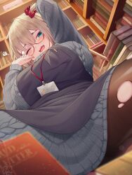 Rule 34 | 1girl, akai haato, apron, arm up, black pantyhose, blush, book, book stack, bookshelf, breasts, commentary request, fang, glasses, green eyes, hair ornament, hair scrunchie, highres, hololive, huge breasts, indoors, large breasts, light brown hair, looking at viewer, magowasabi, name tag, open mouth, pantyhose, ribbed sweater, scrunchie, solo, spoken squiggle, spread legs, squiggle, sweater, thighs, torn clothes, torn pantyhose, turtleneck, turtleneck sweater, virtual youtuber