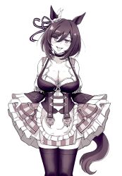Rule 34 | 1girl, animal ears, bare shoulders, black hair, black thighhighs, bob cut, bodice, bow, breasts, cleavage, clothes lift, commentary request, cowboy shot, detached sleeves, dirndl, dress, dress lift, ear ornament, ear ribbon, ear scrunchie, eishin flash (umamusume), frilled dress, frills, german clothes, greyscale, hair between eyes, highres, horse ears, horse girl, horse tail, large breasts, lifted by self, long sleeves, looking at viewer, miya nns35, monochrome, sepia, short hair, simple background, tail, thighhighs, tongue, tongue out, umamusume, wide sleeves