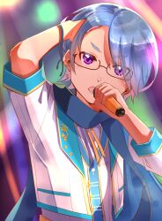 Rule 34 | 1boy, blue hair, blurry, blurry background, glasses, highres, holding, holding microphone, indie virtual youtuber, izumi keika, izumi keika (character), jacket, looking at viewer, male focus, microphone, open mouth, purple eyes, shirt, short hair, short sleeves, solo, upper body, virtual youtuber, white jacket, white shirt