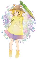 Rule 34 | 1girl, adapted costume, blonde hair, boots, commentary, floral background, full body, hair ribbon, hat, highres, holding, holding leaf, leaf, long sleeves, looking at viewer, moriya suwako, necono (nyu6poko), parted bangs, pocket, purple skirt, raincoat, red ribbon, ribbon, rubber boots, short hair, skirt, sleeves past fingers, sleeves past wrists, smile, solo, symbol-only commentary, touhou, yellow eyes, yellow footwear, yellow raincoat