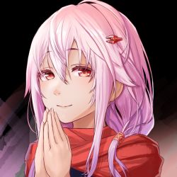 Rule 34 | 1girl, blush, close-up, closed mouth, fattybot, guilty crown, hair between eyes, hair ornament, hairclip, long hair, looking at viewer, own hands clasped, own hands together, palms together, pink hair, praying, red eyes, smile, solo, twintails, yuzuriha inori