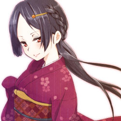 Rule 34 | 1girl, black hair, braid, errant, hair ornament, hairclip, japanese clothes, kimono, long hair, looking at viewer, original, red eyes, simple background, smile, solo, white background