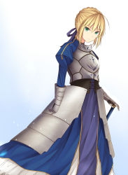 Rule 34 | 1girl, absurdres, ahoge, armor, armored dress, artoria pendragon (fate), bad id, bad pixiv id, blonde hair, blue skirt, commentary request, fate/stay night, fate (series), green eyes, highres, kanpyo (hghgkenfany), saber (fate), skirt, solo, sword, weapon