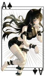 Rule 34 | 1girl, animal ear fluff, animal ears, bandaged leg, bandages, barefoot, belt, black belt, black hair, black shorts, blue eyes, breasts, card (medium), cat ears, closed mouth, crop top, floating hair, groin, highres, leaning forward, leg up, long hair, medium breasts, midriff, original, short shorts, shorts, solo, standing, standing on one leg, stomach, the card, very long hair, white background