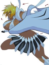 1girl bleach blonde_hair breasts colored_eyelashes dark-skinned_female dark_skin facial_mark female_focus green_eyes large_breasts looking_at_viewer midriff nijiran_(av0xu) revealing_clothes simple_background skirt solo thick_thighs thighs tier_harribel underboob weapon white_background