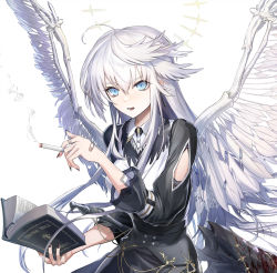 Rule 34 | 1girl, ahoge, angel, angel wings, arm cutout, arm strap, bandaid, bandaid on arm, bandaid on hand, between fingers, bible (object), black dress, black nails, blood, bloody weapon, blue eyes, book, cigarette, collared shirt, dress, feathered wings, hair between eyes, halo, highres, holding, holding book, holding cigarette, holstered, long hair, long sleeves, morichika shuuto, nail polish, open book, open mouth, original, shirt, simple background, smoke trail, solo, sword, weapon, white background, white hair, wings