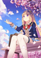 Rule 34 | 10s, 1girl, alternate costume, bench, blazer, blonde hair, blush, cagliostro (granblue fantasy), cagliostro (youthful uniform) (granblue fantasy), cherry blossoms, cloud, day, granblue fantasy, hairband, jacket, li yang, long hair, open clothes, open jacket, outdoors, petals, purple eyes, school uniform, sitting, skirt, sky, smile, solo, thighhighs, very long hair, white thighhighs