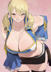Rule 34 | 1girl, black skirt, black thighhighs, blonde hair, breasts, brown eyes, cleavage, commentary request, detached sleeves, fairy tail, grin, hair between eyes, hand on own hip, huge breasts, ikuchan kaoru, looking at viewer, lucy heartfilia, midriff, miniskirt, navel, pink background, short hair, skirt, smile, solo, teeth, thighhighs, thighs, twintails, zettai ryouiki