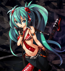 Rule 34 | 1girl, alternate costume, aqua eyes, aqua hair, arm belt, arm garter, belt, bikini, bikini top only, finger to mouth, from above, gloves, guitar, hatsune miku, instrument, long hair, looking at viewer, navel, necktie, pants, pondel, solo, swimsuit, twintails, very long hair, vocaloid