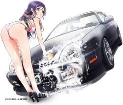Rule 34 | 10s, 1girl, aqua eyes, ass, bad id, bad pixiv id, bent over, bikini, blush, breasts, car, car wash, dutch angle, from behind, full body, glint, green eyes, halterneck, high heels, holding, honda, honda prelude, kneepits, legs, long hair, looking at viewer, looking back, love live!, love live! school idol project, low twintails, medium breasts, motor vehicle, parted bangs, parted lips, pink bikini, purple hair, right-hand drive, shoes, side-tie bikini bottom, simple background, soap, soap bubbles, solo, sponge, string bikini, sweeter (h110111), swept bangs, swimsuit, tojo nozomi, twintails, underboob, vehicle, vehicle focus, washing, washing vehicle, white background