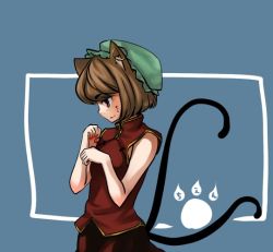 Rule 34 | 1girl, animal ears, brown hair, cat ears, cat girl, cat tail, chen, earrings, female focus, hat, jewelry, mugishima orie, multiple tails, paw print, short hair, solo, tail, touhou
