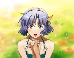 Rule 34 | 1girl, blush, confession, green eyes, grey hair, hairband, happy, langrisser, langrisser ii, langrisser mobile, looking at viewer, official art, sherry (langrisser), smile, yellow hairband