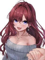 Rule 34 | 1girl, :3, :d, bad id, bad pixiv id, bare shoulders, blue eyes, blush, breasts, brown hair, cleavage, commentary request, earrings, flower earrings, grey sweater, hair between eyes, hair intakes, hand grab, highres, ichinose shiki, idolmaster, idolmaster cinderella girls, jewelry, lamp p9, large breasts, long hair, looking at viewer, necklace, off-shoulder sweater, off shoulder, open mouth, out of frame, pendant, pov, pov hands, purple eyes, ribbed sweater, simple background, smile, solo focus, sweater, upper body, wavy hair, white background