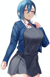 Rule 34 | 1girl, :o, absurdres, blue hair, blush, breasts, collared shirt, commentary request, cowboy shot, dress, grey dress, hair between eyes, half-closed eyes, hand up, highres, large breasts, long sleeves, looking at viewer, love live!, love live! superstar!!, namazu (yamasonson), red eyes, shirt, short hair, simple background, solo, wakana shiki, white background