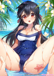Rule 34 | 1girl, :o, apple caramel, ass, bare shoulders, beach, black hair, blue one-piece swimsuit, breasts, cameltoe, cleavage, cleft of venus, commission, day, flower, highres, large breasts, long hair, looking at viewer, one-piece swimsuit, open mouth, original, outdoors, palm leaf, red eyes, school swimsuit, sitting, solo, spread legs, swimsuit, thighs, wet, wet clothes, wet swimsuit, white flower