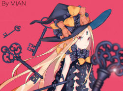 Rule 34 | 1girl, abigail williams (fate), abigail williams (second ascension) (fate), black bow, blonde hair, bow, breasts, facial mark, fate/grand order, fate (series), film grain, forehead mark, hat, hat bow, highres, key, keyhole, long hair, navel, orange bow, panties, polka dot, polka dot bow, red eyes, revealing clothes, solo, underwear, very long hair