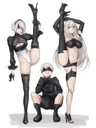 Rule 34 | 1boy, 2b (nier:automata), 2girls, 9s (nier:automata), a2 (nier:automata), ass, black blindfold, black legwear, blindfold, boots, breasts, cameltoe, cleavage, covered erect nipples, curvy, feather-trimmed sleeves, flexible, hetero, high heel boots, high heels, highleg, highleg leotard, highres, kurone rinka, leg up, leotard, long hair, looking at viewer, multiple girls, nier:automata, nier (series), perverted, shiny skin, short hair, silver hair, simple background, smirk, split, squatting, standing, standing on one leg, standing split, thigh boots, thighhighs, thong leotard, wedgie, white leotard, wide hips