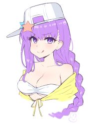 Rule 34 | bare shoulders, baseball cap, bb (fate), bb (fate) (all), bb (swimsuit mooncancer) (fate), bb (swimsuit mooncancer) (first ascension) (fate), bikini, bikini top only, blush, breasts, collarbone, emu (confisery), eyes visible through hair, fate (series), hat, hat ornament, hat pin, highres, large breasts, long hair, off shoulder, purple eyes, purple hair, shirt, sideways hat, simple background, solo, star (symbol), star hat ornament, swimsuit, tied shirt, upper body, white background, white bikini, white hat, yellow shirt
