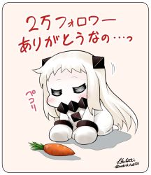 Rule 34 | 10s, 1girl, abyssal ship, bowing, carrot, comic, commentary request, covered mouth, dress, closed eyes, horns, kantai collection, long hair, mittens, northern ocean princess, pale skin, seiza, signature, sitting, solo, translation request, twitter username, white dress, white hair, yamato nadeshiko