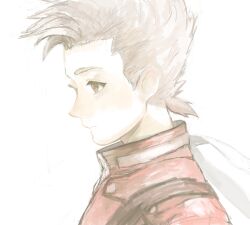 Rule 34 | 1boy, bad drawr id, bad id, brown eyes, brown hair, character request, closed mouth, coat, copyright request, expressionless, humiji, male focus, oekaki, portrait, profile, red coat, short hair, simple background, sketch, solo, spiked hair, white background