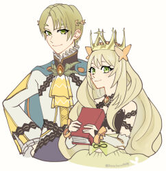 Rule 34 | 1boy, 1girl, alfred (fire emblem), blonde hair, book, brother and sister, butterfly hair ornament, cape, celine (fire emblem), crown, dress, fire emblem, fire emblem engage, green eyes, hair ornament, hand on own hip, holding, holding book, horohoro9999, long hair, long sleeves, looking at viewer, nintendo, short hair, siblings, smile, twitter username, upper body, very long hair, white background