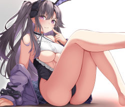 Rule 34 | 1girl, absurdres, animal ears, ass, azur lane, bare hips, bare legs, bare shoulders, breasts, cleavage, cleavage cutout, closed mouth, clothing cutout, crotch seam, fake animal ears, finger to mouth, halterneck, highres, jacket, jacket partially removed, large breasts, legs up, looking at viewer, moyoron, pamiat merkuria (azur lane), playboy bunny, purple eyes, purple hair, rabbit ears, sitting, solo, thick thighs, thighs, underboob, v-shaped eyebrows
