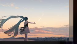 Rule 34 | 1girl, aqua hair, bare shoulders, black hairband, blue sky, cityscape, cloud, commentary request, day, elbow gloves, floating hair, from behind, gloves, hairband, hatsune miku, highres, long hair, miku symphony (vocaloid), outdoors, outstretched arm, panties, sky, solo, standing, thighhighs, twintails, underwear, very long hair, vocaloid, white gloves, white panties, white thighhighs, wind, yyb, zettai ryouiki