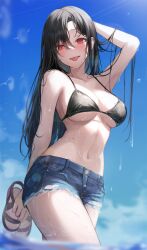 Rule 34 | 1girl, absurdres, arm up, bare shoulders, bikini, bikini top only, black hair, blush, breasts, collarbone, denim, denim shorts, gongha, highres, holding sandals, large breasts, long hair, looking at viewer, original, outdoors, shorts, solo, swimsuit, wading, water, water drop, wet