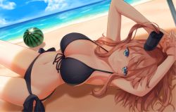 Rule 34 | 1girl, alternate costume, armpits, arms up, beach, bikini, black bikini, blue eyes, blue sky, blush, breasts, brown hair, cleavage, closed mouth, collarbone, day, food, front-tie top, fruit, groin, hair between eyes, hazuki akaoto, kantai collection, knees up, large breasts, long hair, looking at viewer, lying, navel, ocean, on back, outdoors, ponytail, sand, saratoga (kancolle), shade, side-tie bikini bottom, side ponytail, sidelocks, sky, smile, solo, stomach, swimsuit, thighs, umbrella, watermelon, waves