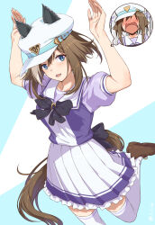 Rule 34 | 1girl, animal ears, arms up, blue eyes, blush, breasts, brown hair, cheval grand (umamusume), commentary request, embarrassed, hat, highres, horse ears, horse girl, horse tail, inu (aerodog), looking at viewer, medium breasts, open mouth, ribbon, school uniform, simple background, solo, tail, thighhighs, tracen school uniform, umamusume, umapyoi densetsu, white hat