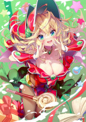 Rule 34 | 1girl, :d, alternate costume, blonde hair, blush stickers, book, box, breasts, brown pantyhose, choker, christmas, cleavage, collarbone, dark magician girl, duel monster, gift, gift box, gradient background, green background, green eyes, hair between eyes, hat, hong (white spider), large breasts, long hair, looking at viewer, open mouth, pantyhose, red hat, smile, solo, star (symbol), starry background, teeth, wizard hat, yellow choker, yu-gi-oh!