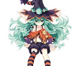 Rule 34 | 10s, 1girl, :&lt;, aged down, bat wings, child, date a live, flat chest, gem, green eyes, green hair, hat, highres, long hair, matching hair/eyes, natsumi (date a live), navel, official art, simple background, solo, star (symbol), striped clothes, striped thighhighs, thighhighs, triangle mouth, tsunako, white background, wings, witch hat