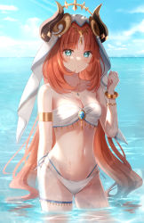Rule 34 | 1girl, bare shoulders, bikini, blue eyes, blush, bracelet, breasts, forehead jewel, genshin impact, gluteal fold, groin, highres, horns, jewelry, long hair, looking at viewer, medium breasts, midriff, nasii, navel, nilou (genshin impact), ocean, parted bangs, parted lips, red hair, revision, sky, solo, stomach, swimsuit, thigh strap, veil, very long hair, wading, wet