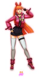 Rule 34 | 1girl, aged up, ankle boots, black dress, blossom (ppg), boots, bow, choker, contrapposto, cropped jacket, dress, fingerless gloves, full body, gloves, hair bow, hand on own hip, highres, lips, long hair, long legs, orange hair, pink eyes, ponpu (pumpkinsinclair), ponytail, powerpuff girls, red bow, salute, short dress, solo, thighhighs, transparent background, two-finger salute, white thighhighs, zettai ryouiki