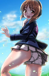 Rule 34 | 1girl, absurdres, anglerfish, ass, blue jacket, blue sky, blurry, blurry background, brown eyes, brown hair, cloud, cloudy sky, commentary, crotch seam, day, emblem, fish, from behind, frown, girls und panzer, hand on own throat, headphones, highres, jacket, kentap, lace, lace-trimmed panties, lace trim, long sleeves, looking at viewer, looking back, military, military uniform, miniskirt, nishizumi miho, ooarai military uniform, open mouth, outdoors, panties, pantyshot, petals, pleated skirt, shirt, short hair, skirt, sky, solo, standing, underwear, uniform, white panties, white skirt, wind, wind lift