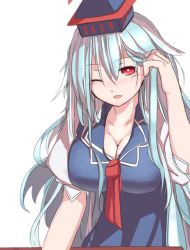 Rule 34 | 1girl, ;), blue dress, blue hair, blush, breasts, cleavage, comic, dress, furorina, tucking hair, hat, kamishirasawa keine, large breasts, looking at viewer, multicolored hair, one eye closed, parted lips, puffy short sleeves, puffy sleeves, red eyes, short sleeves, silver hair, smile, solo, touhou, two-tone hair, upper body