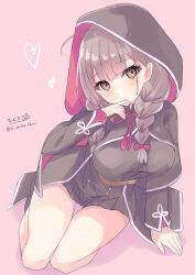 Rule 34 | 1girl, absurdres, belt, black capelet, black dress, black footwear, boots, braid, breasts, brown belt, brown hair, capelet, dress, heart, highres, hizaka, hood, hood up, hooded capelet, kantai collection, large breasts, long hair, long sleeves, looking at viewer, pink background, pleated dress, red ribbon, ribbon, shadow, shinshuu maru (kancolle), signature, sitting, solo, twin braids, twitter username