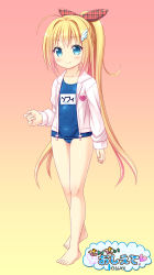 Rule 34 | 1girl, absurdres, blonde hair, blush, bow, cameltoe, gradient background, hair ornament, hairclip, highres, jacket, long hair, name tag, ohizumi daisaku, one-piece swimsuit, original, ponytail, ribbon, school swimsuit, smile, solo, swimsuit, swimsuit under clothes, very long hair