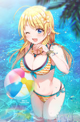 Rule 34 | 1girl, ;d, ahoge, ball, bikini, blonde hair, blue eyes, bracelet, breasts, flower, hachimiya meguru, hair flower, hair ornament, highres, holding, holding ball, idolmaster, idolmaster shiny colors, jewelry, large breasts, looking at viewer, low twintails, navel, necklace, one eye closed, open mouth, partially submerged, smile, solo, soramame tomu, swimsuit, twintails, twitter username, water, wet