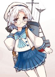 Rule 34 | 1girl, absurdres, ascot, blue ascot, blue sailor collar, blue skirt, blush, brown eyes, closed mouth, commentary request, glasses, gloves, hand up, highres, hirato (kancolle), ichi (ichi.colors), kantai collection, long sleeves, looking at viewer, machinery, pantyhose, parted bangs, pleated skirt, puffy long sleeves, puffy sleeves, round eyewear, sailor collar, shirt, skirt, smile, solo, white background, white gloves, white hair, white pantyhose, white shirt